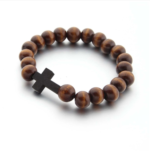 Handmade Round Wood Bead Cross Pendant Bracelet
