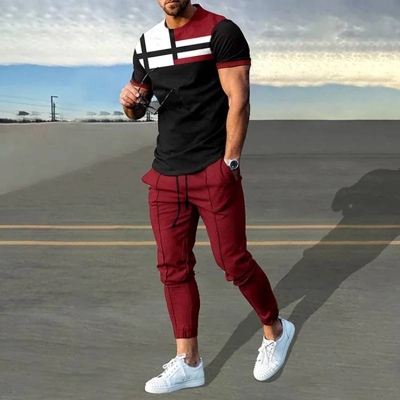 Fashion Black Red Geometry Printed T-Shirt And Pants Co-Ord
