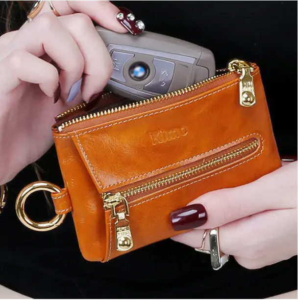Genuine Leather Zipper Multifunction Coin Purse Car Keychain Key Holder For Women