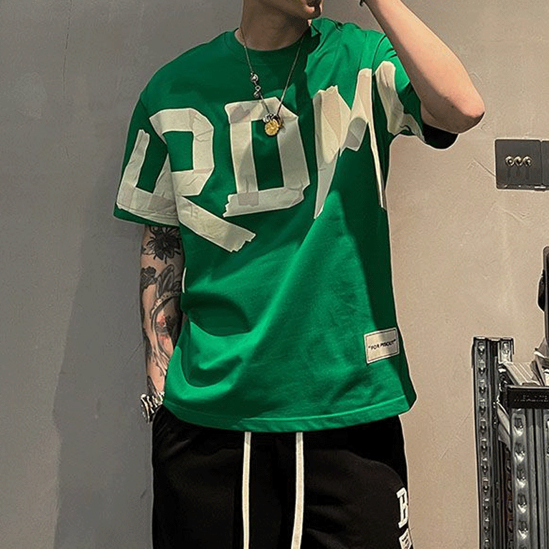 2023 Summer Casual All-match Trend Korean Version Short Sleeve Round Neck Solid Color Letter Printed Loose Fashion Youth T-shirt