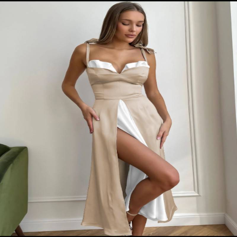 New evening gown split halter dress fake two haute couture satin dresses bridesmaid dresses