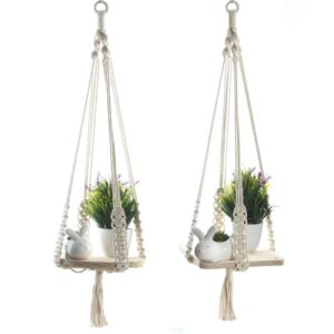 Indoor Decorative Wall Hanging Beige Cotton Rope Pine Board Planter Hanging Net Hanging Rope Suspender Plant Planter Mesh Pocket