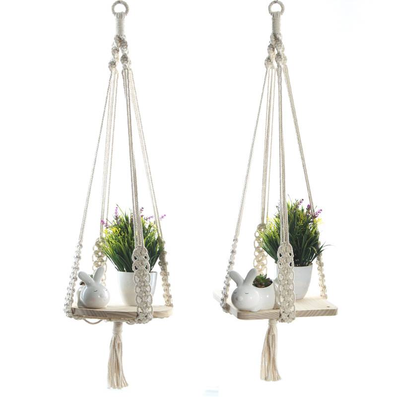 Indoor Decorative Wall Hanging Beige Cotton Rope Pine Board Planter Hanging Net Hanging Rope Suspender Plant Planter Mesh Pocket
