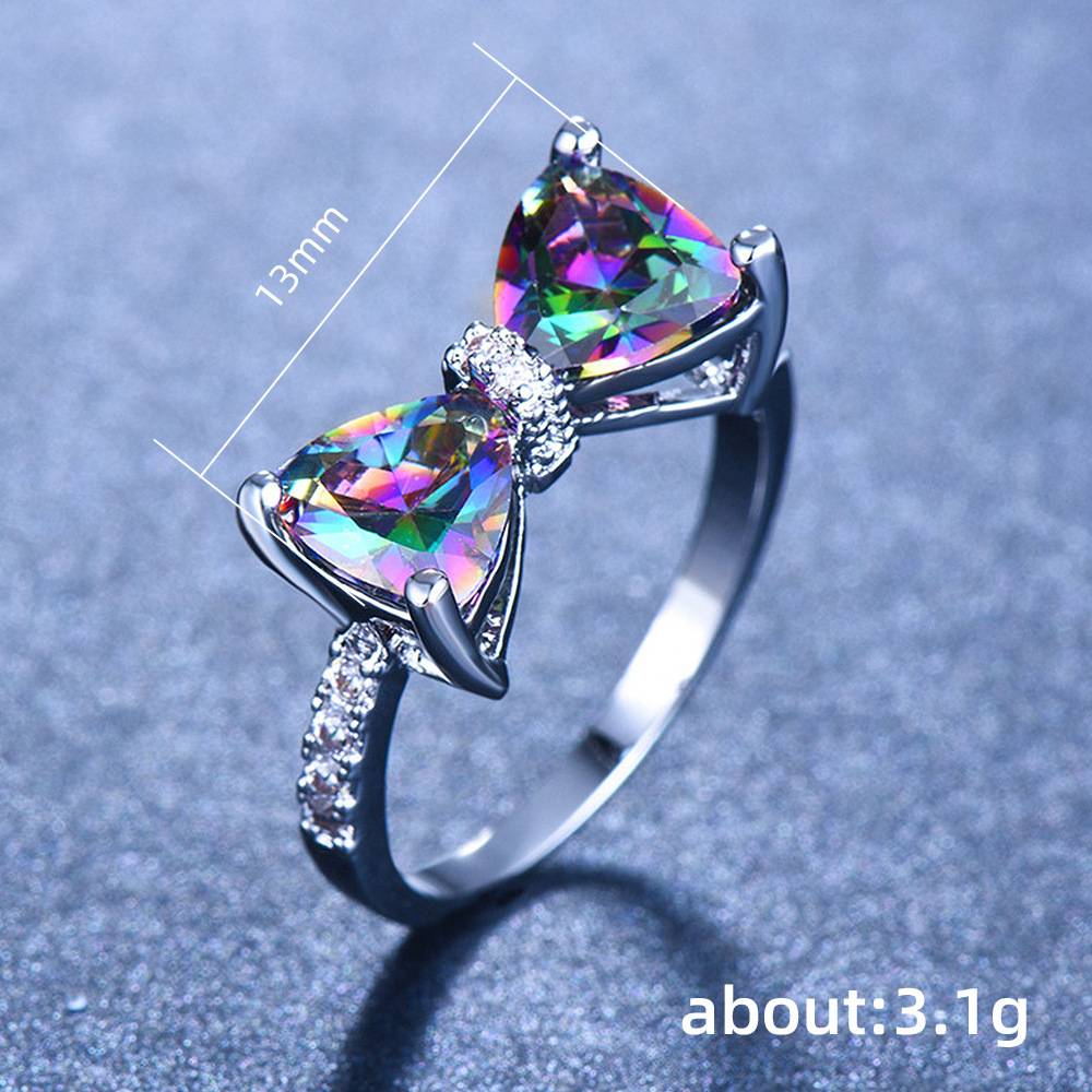 Explosive colorful treasure series senior sense of luxury bow zirconia ring sweet cool wind index finger ring women