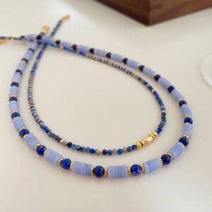 Vintage lapis lazuli colored beaded necklace women fashion collarbone chain