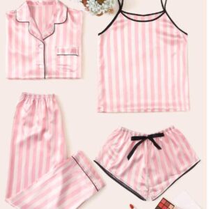 Pajamas female summer new ice silk sexy pajamas set vertical stripes short-sleeved shorts four sets of homewear