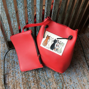 Women Cute Cat Pattern Bucket Bag PU Leather Mini Crossbody Bag