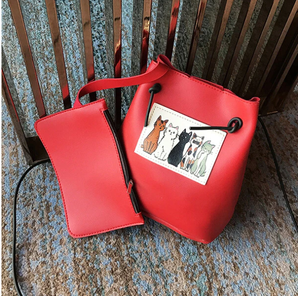 Women Cute Cat Pattern Bucket Bag PU Leather Mini Crossbody Bag