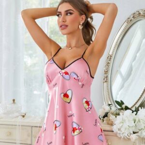New European and American sweet pajamas women’s foreign trade sweet net red suspender nightdress printing cross-border fashion home clothes whole