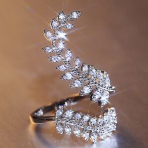 Hot sale new ring ladies zircon ring silver plated creative plant leaf long band jewelry