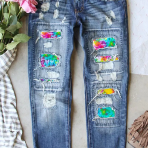 Distressed Tie Dye Jeans with Ripped Styling