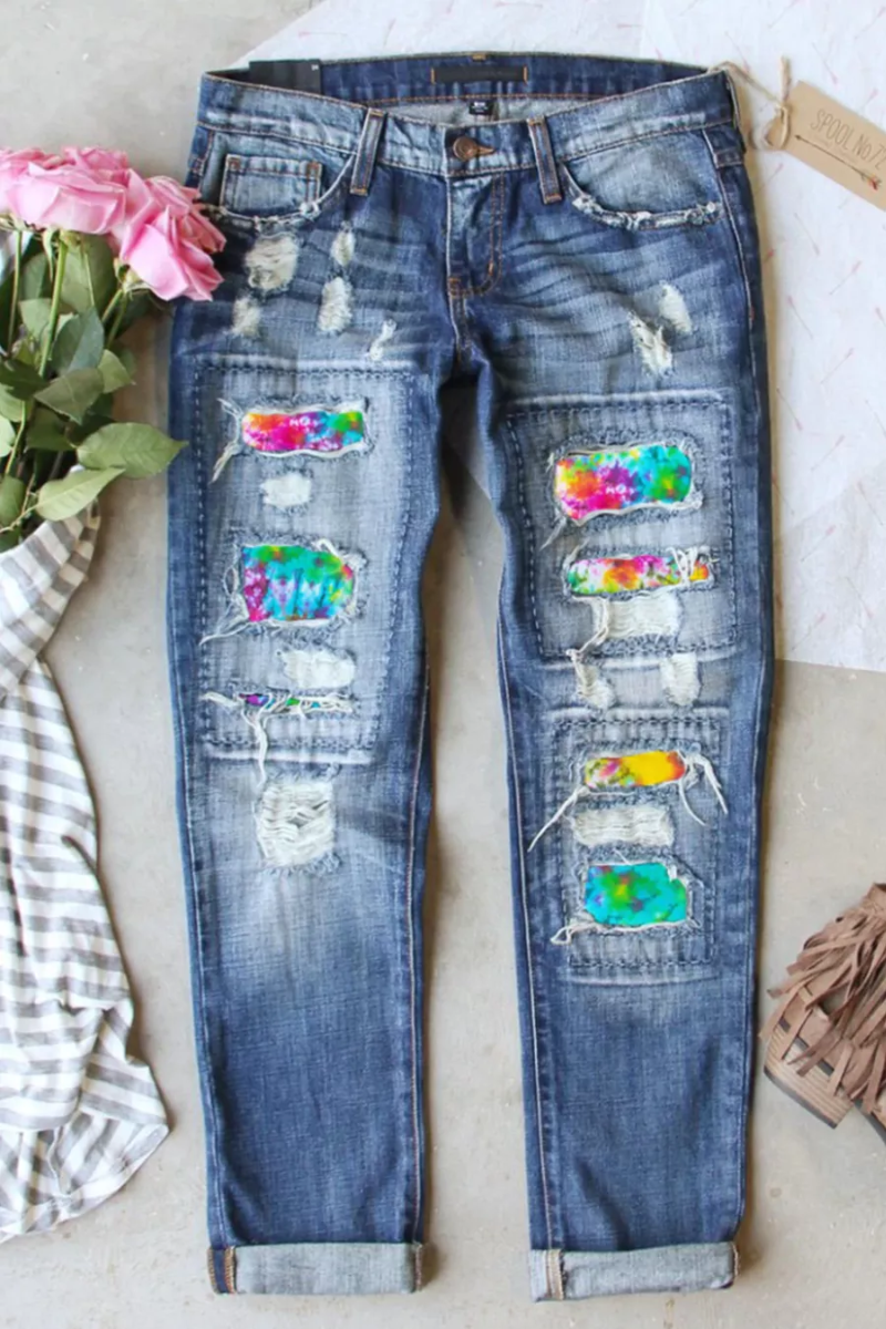 Distressed Tie Dye Jeans with Ripped Styling