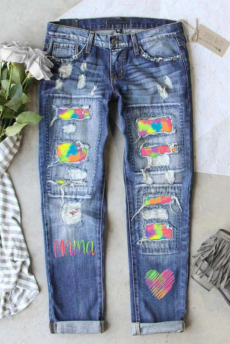 Colorful Distressed Denim Pants for a Relaxed and Trendy Look