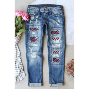 Sky Blue American Flag Pattern Splicing Slim-fit Distressed Jeans