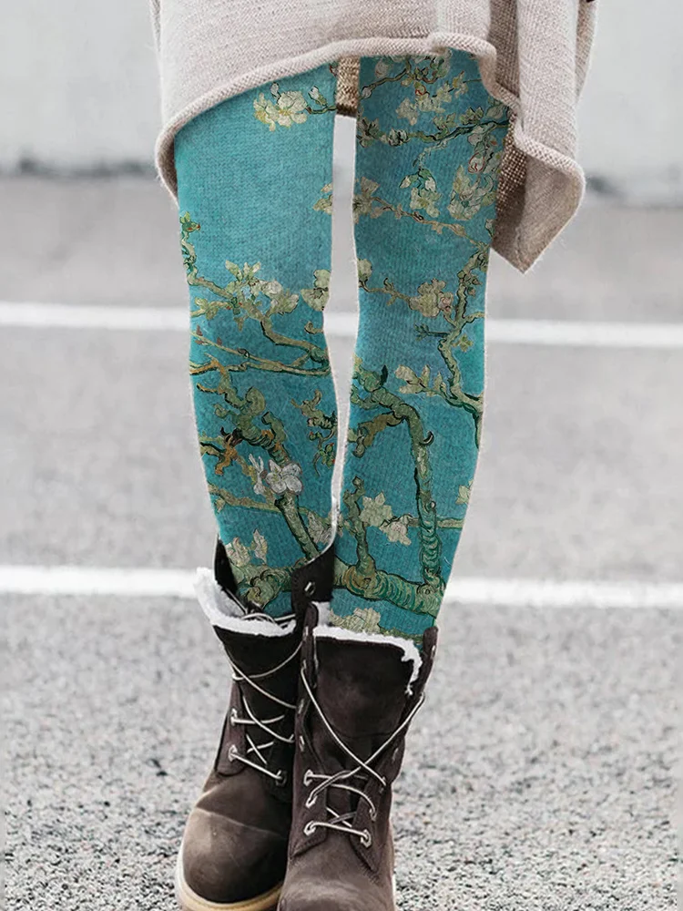 Wisherryy Cozy Almond Blossom Print Leggings