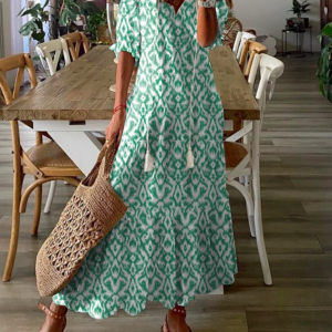 Floral V Neck Women’s Maxi Dress with Half Sleeves