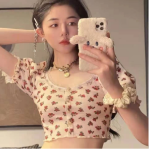 American Retro Floral Waffle Short T-shirt with Trendy Collar