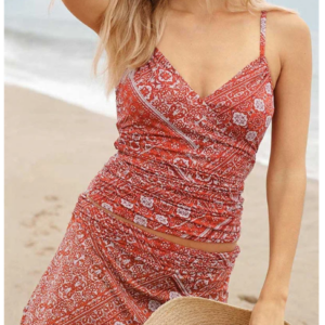 Red Ruched Tankini Set with a Romantic Touch.