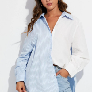 Blue Stripe Shirt Long Sleeve Collar Colour Block