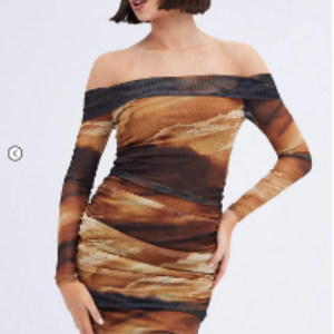 Brown Abstract Mini Dress Bardot Off Shoulder Bodycon Ruched