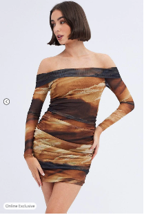 Brown Abstract Mini Dress Bardot Off Shoulder Bodycon Ruched