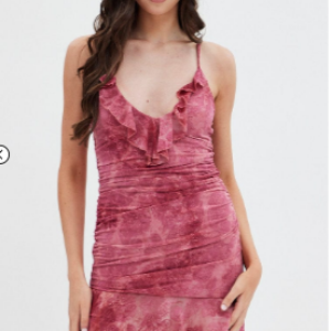 Pink Paisley Mesh Mini Dress V Ruffle Neck Burnt Out Paisley