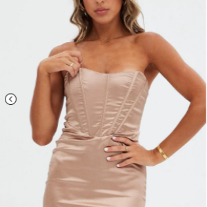 Beige Mini Dress Strapless Corset Detail Satin