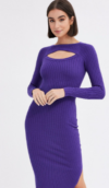 Purple Midi Dress Long Sleeve Round Neck Keyhole Rib Knit