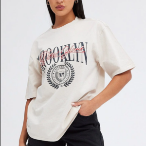 Short Sleeve Crew Neck Beige Graphic Tee