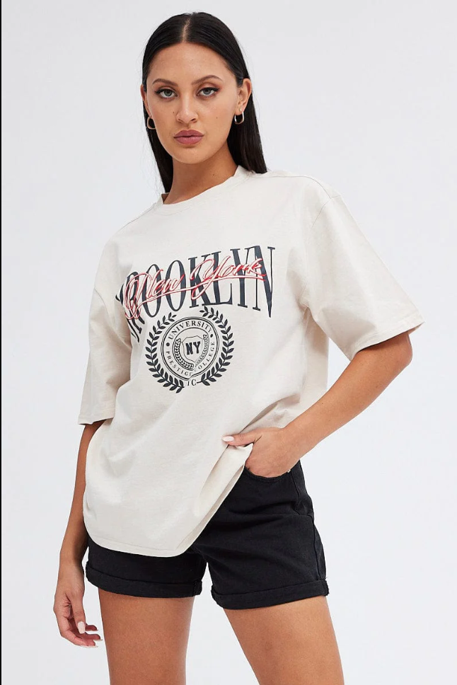 Short Sleeve Crew Neck Beige Graphic Tee