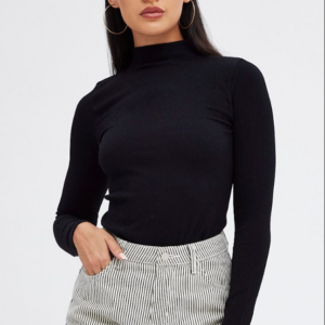 Seamless High-Neck Long Sleeve Top in Black