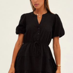 Black Shirt Dress Short Sleeve V-Neck Tiered
