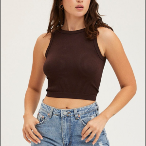 Seamless Crew Neck Brown Tank Top in 10 Words: Brown Tank Top with Seamless Crew Neck Design