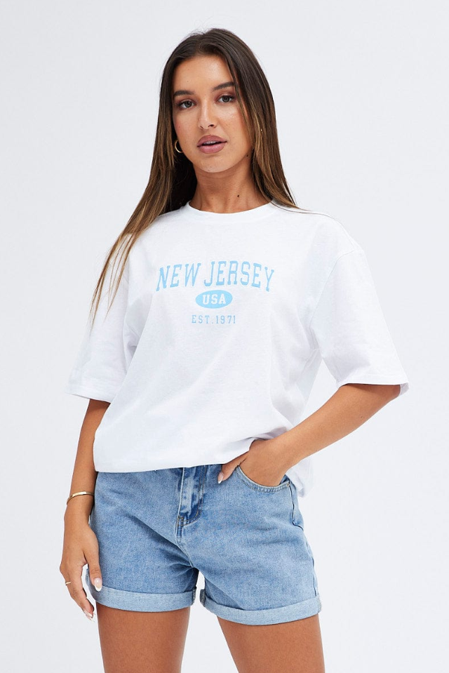 Oversized New Jersey Crew Neck White Short Sleeve T-Shirt