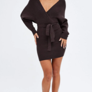 Beige Knit Dress Long Sleeve Wrap