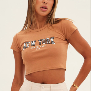 Crop Round Neck Baby Tee in Brown, Short Sleeve