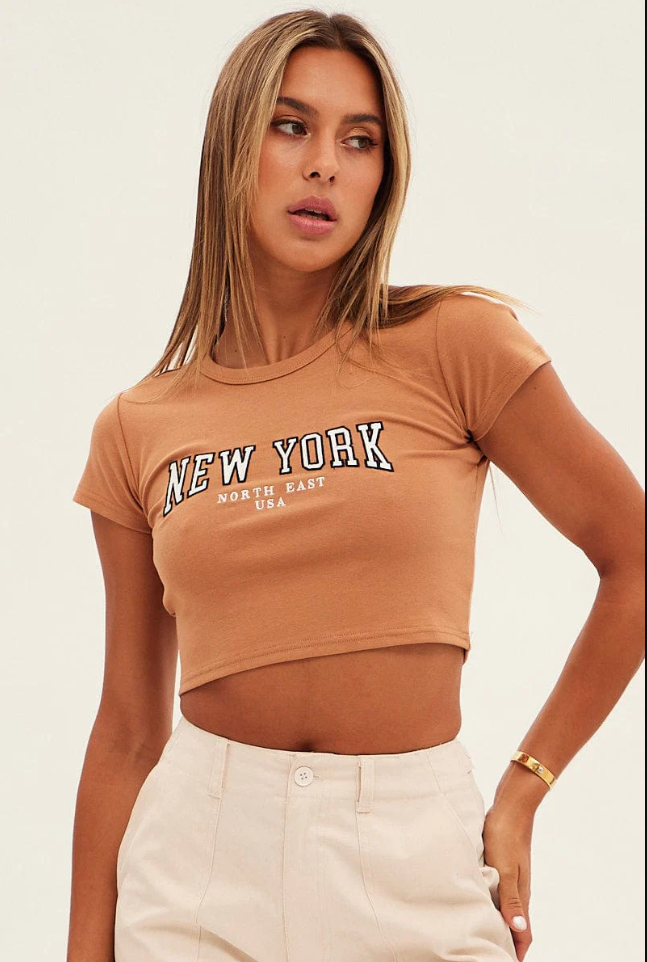 Crop Round Neck Baby Tee in Brown, Short Sleeve