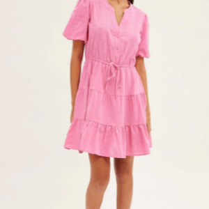 Pink Shirt Dress Short Sleeve V-Neck Tiered