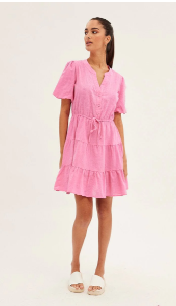 Pink Shirt Dress Short Sleeve V-Neck Tiered