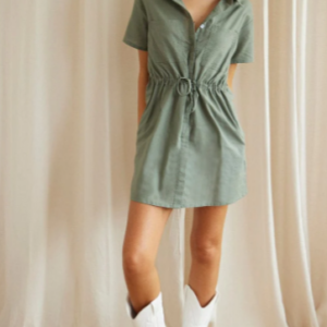 Green Shirt Dress Pocket Short Sleeve Button Front