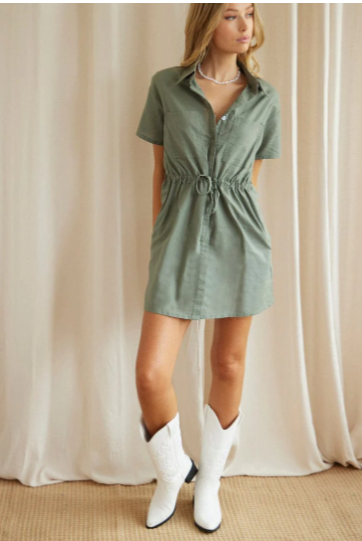 Green Shirt Dress Pocket Short Sleeve Button Front