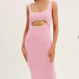 Pink Knit Dress Midi Sleeveless Contrast Binding