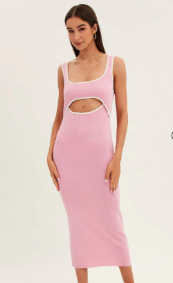 Pink Knit Dress Midi Sleeveless Contrast Binding