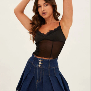 Blue Mid Rise Pleated Denim Mini Skirt