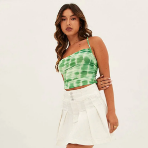 White Mid Rise Pleated Denim Mini Skirt