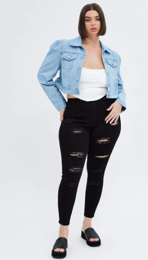 Denim Jacket Puff Sleeve Cropped Fitted