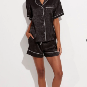 Animal Print Pajama Set with Black Jacquard Satin Piping