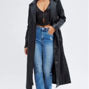 Long-Sleeved Faux Leather Black Trench Coat