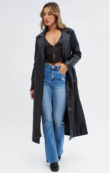 Long-Sleeved Faux Leather Black Trench Coat