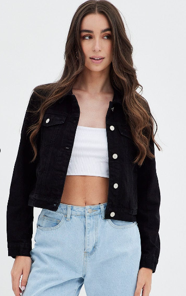 Crop Jacket: Long Sleeve Denim in Stylish Black
